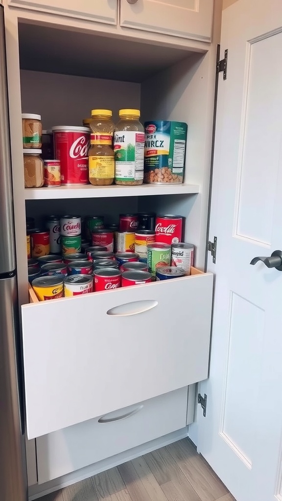 A close-up view of a pull-out pantry drawer with jars and cans neatly arranged.