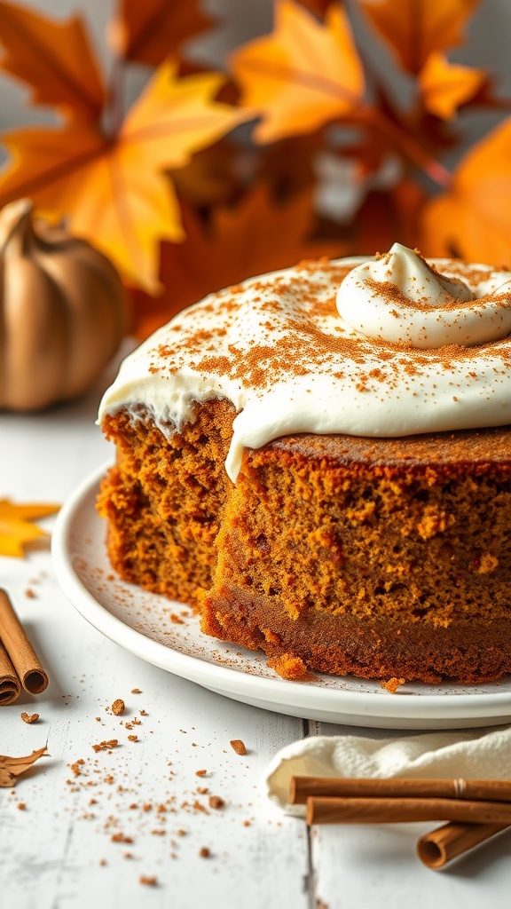 Pumpkin spice cake with cream cheese frosting on a plate