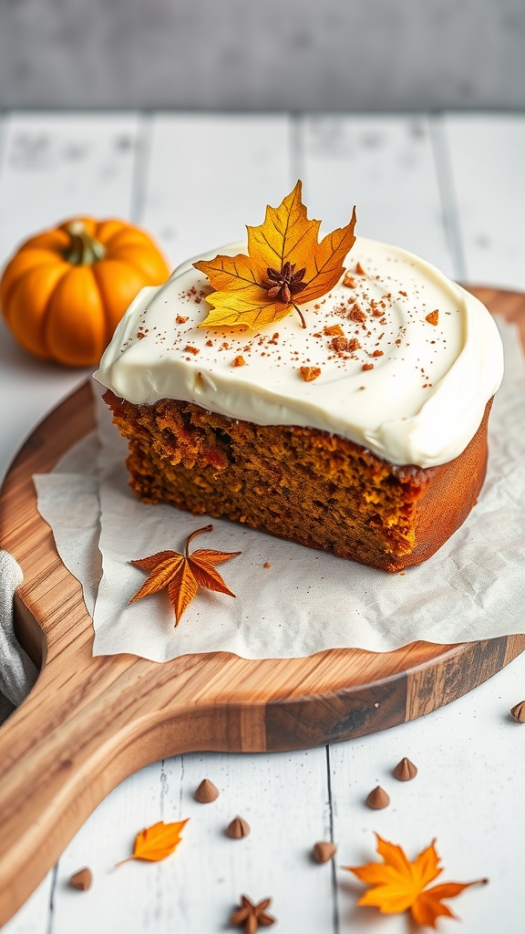 Slice of pumpkin spice coffee cake topped with cream cheese frosting and fall leaves