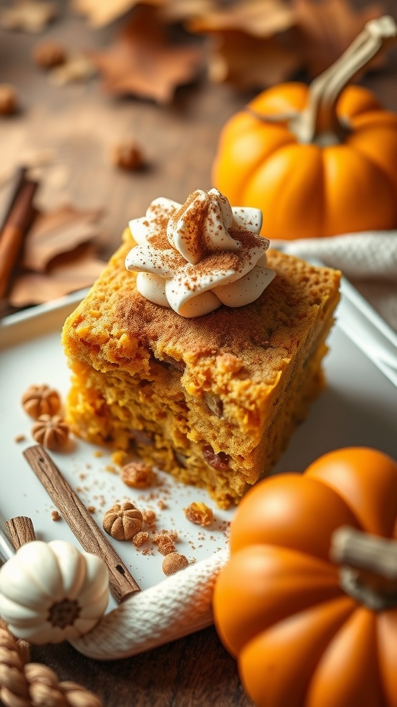 A delicious slice of pumpkin spice dump cake topped with whipped cream and sprinkled with cinnamon, surrounded by fall decorations.
