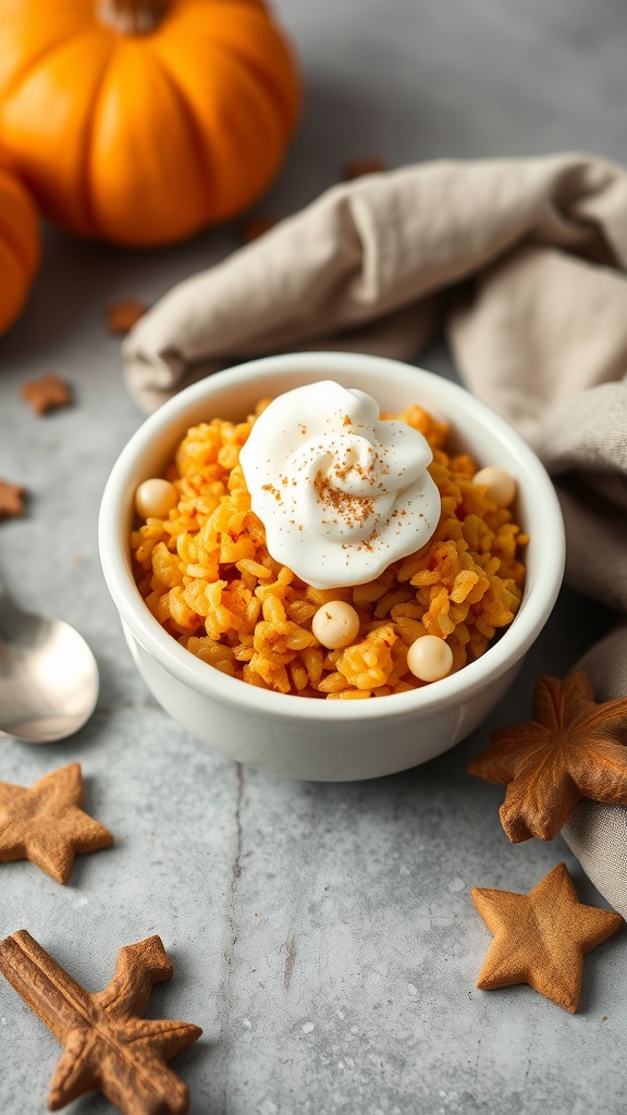 A bowl of pumpkin spice sweet rice topped with whipped cream and a sprinkle of cinnamon, surrounded by pumpkins and star-shaped cookies.