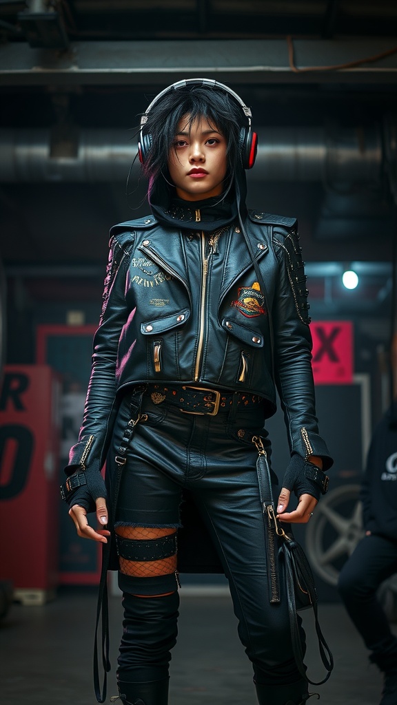 A person wearing a punk-inspired outfit featuring a black leather jacket, fitted pants, and headphones, posing confidently.