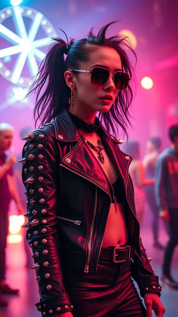 A person in a studded black leather jacket with spiked shoulders, wearing sunglasses, at a vibrant rave setting.