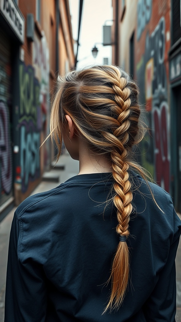 A close-up view of a punky side braid with loose strands, showcasing a casual street style.