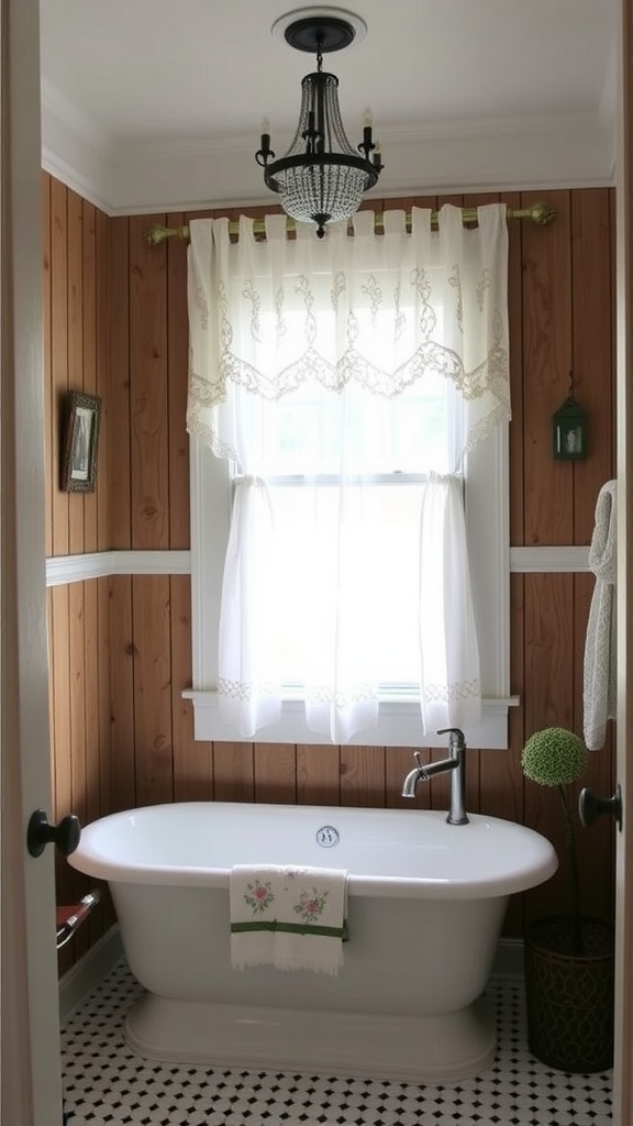 A cozy bathroom featuring sheer white curtains with lace trim, a freestanding bathtub, and warm wooden walls.