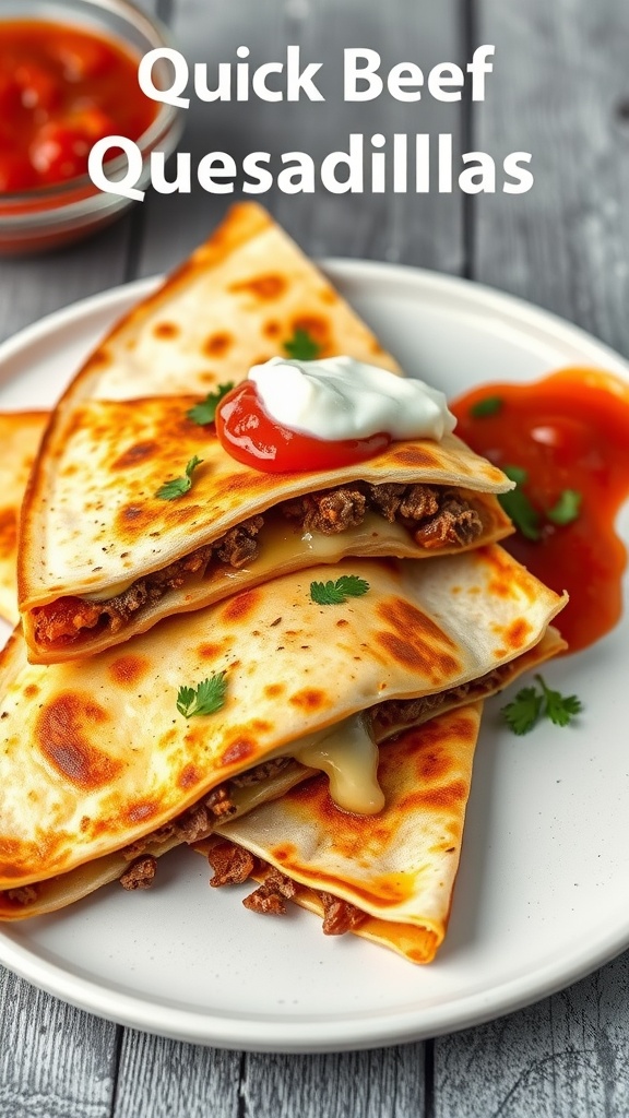 Delicious quick beef quesadillas with cheese on a plate, garnished with sour cream and salsa.