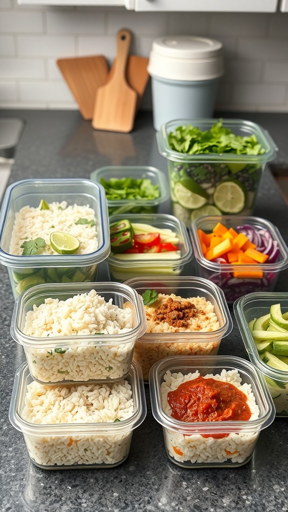 Meal prep containers filled with cilantro lime rice and various fresh vegetables.
