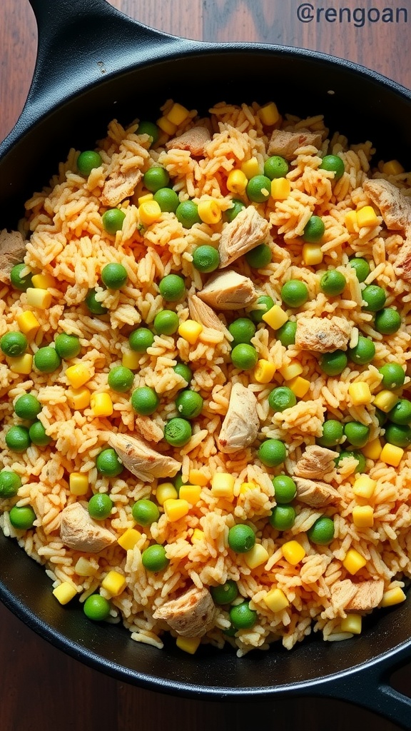 A delicious skillet meal featuring colorful rice, chicken, peas, and corn.