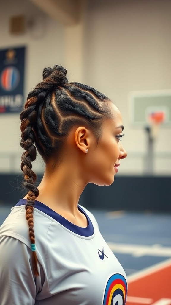 A side profile of a woman with a high ponytail and braided hairstyle, set in a basketball court.