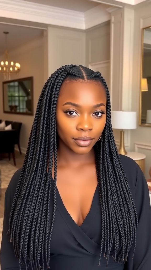 A woman with long box braids styled in a quick weave, posing in a chic outfit.