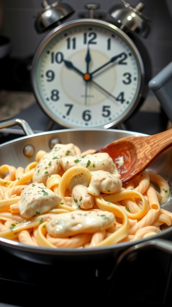 A creamy Chicken Alfredo pasta dish with chicken pieces and a wooden spoon for serving.