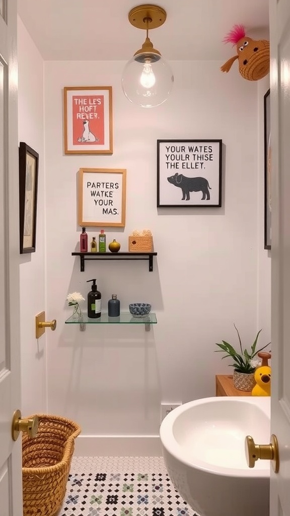 A charming half bathroom with quirky decor including playful wall art, unique lighting, and colorful accents.