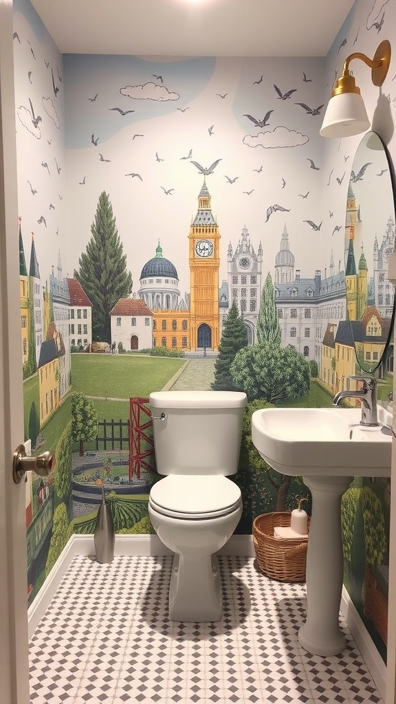 A bathroom with a quirky mural featuring Big Ben and other landmarks, adding charm and character to the space.