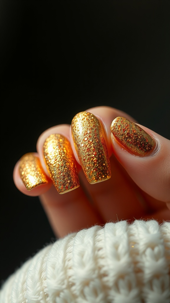 Close-up of nails with radiant gold glitter fade over a cozy white sweater.