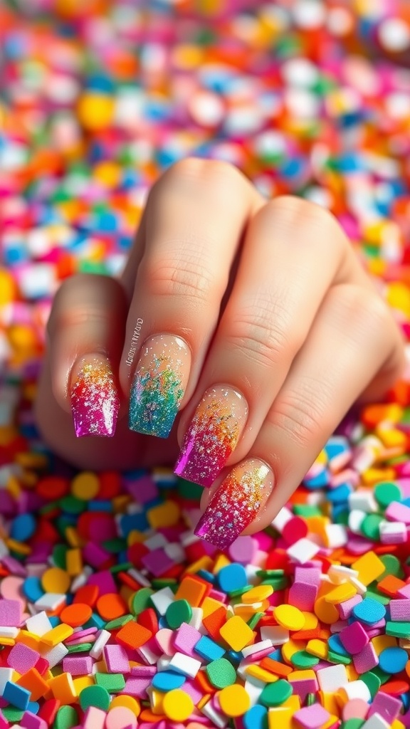 A hand with rainbow glitter fade nails on a colorful confetti background