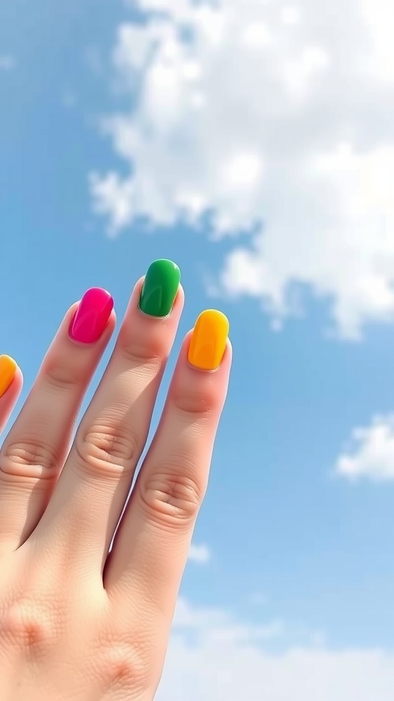 Colorful rainbow gradient almond nails against a blue sky