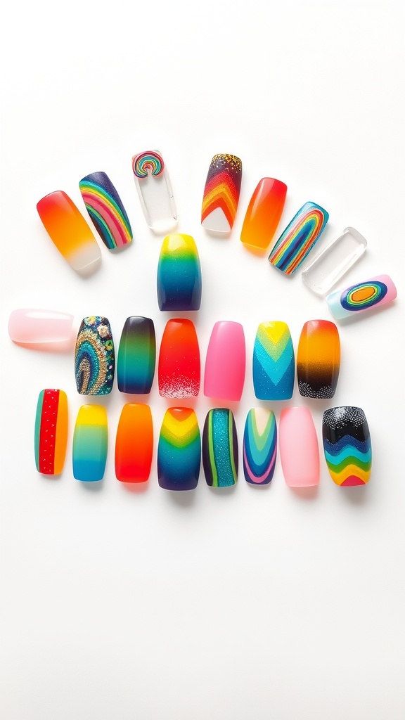 Colorful acrylic nails in a variety of rainbow designs