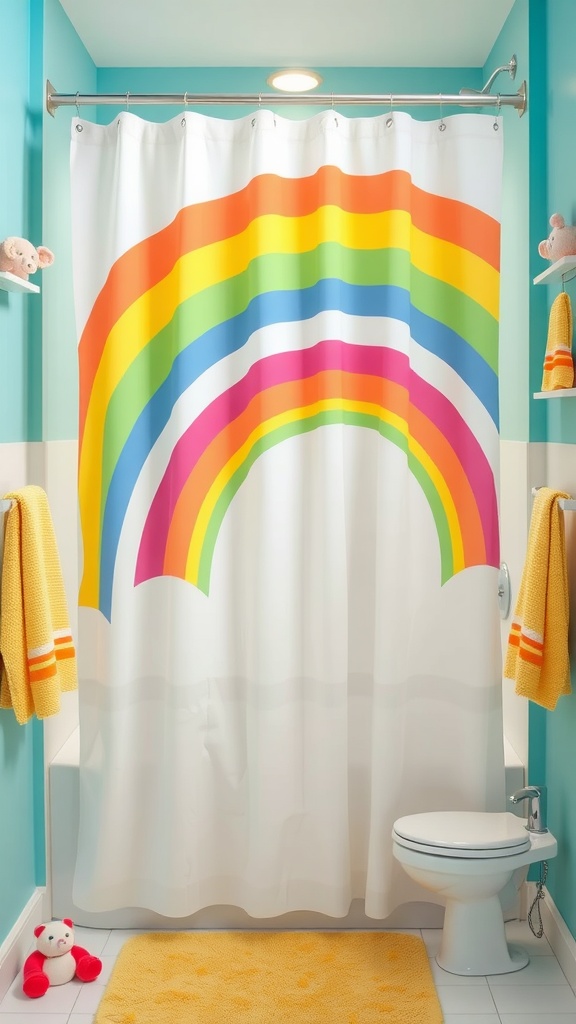 A colorful kids bathroom with a rainbow shower curtain, turquoise walls, and yellow bath mat