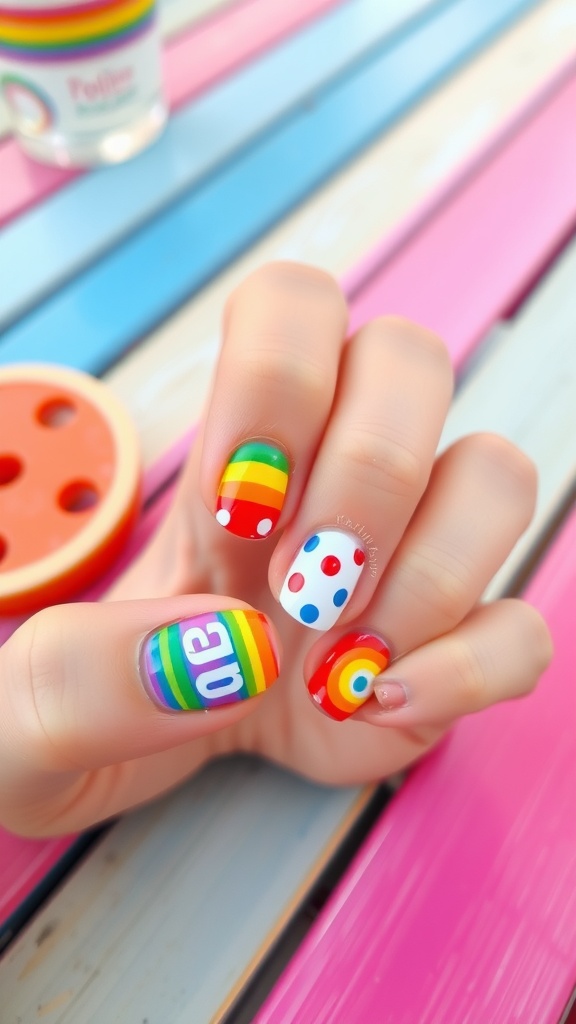 Colorful summer nails with rainbow stripes and polka dots