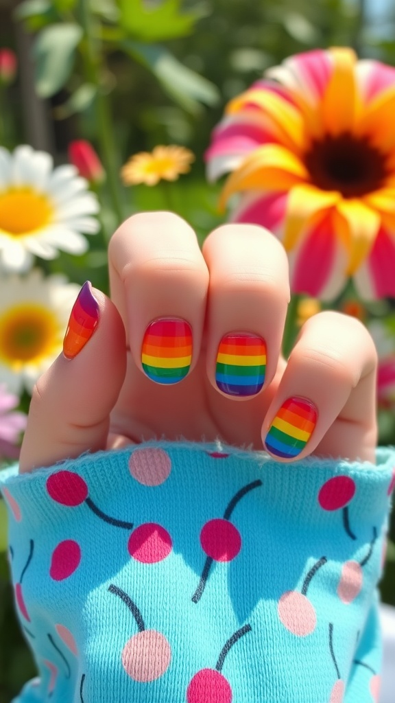 Nails painted with rainbow stripes surrounded by colorful flowers and a polka dot sweater