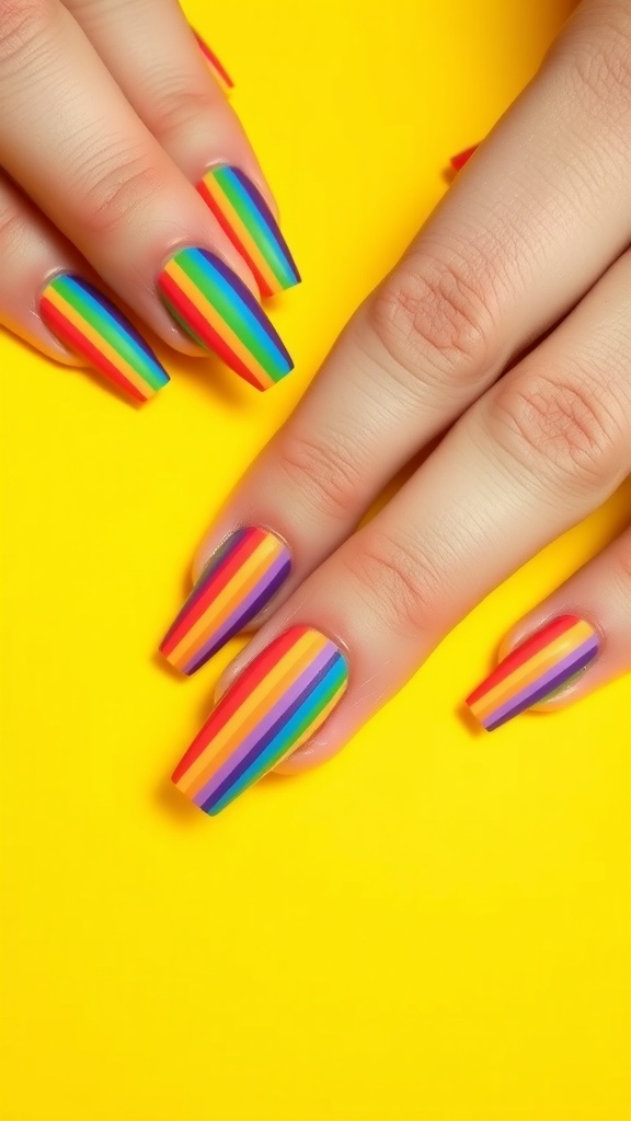 Colorful rainbow striped nails with a matte top coat on a yellow background.