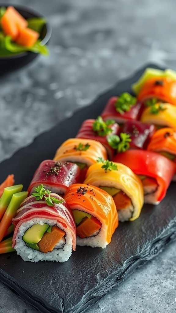Colorful rainbow sushi rolls featuring assorted fish and vegetables
