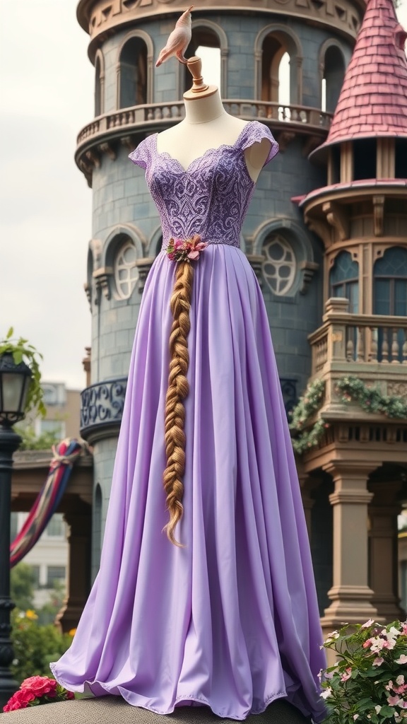 Lavender dress inspired by Rapunzel, displayed in front of a tower with intricate details.