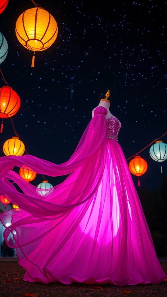 A whimsical pink dress displayed under colorful lanterns at night.