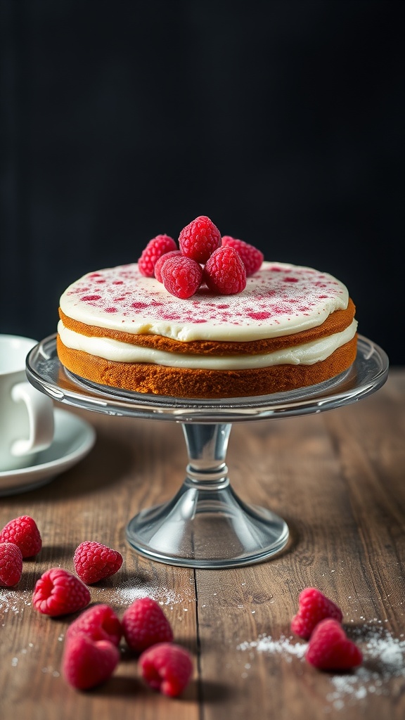 A delicious Raspberry Cream Cheese Coffee Cake topped with fresh raspberries.