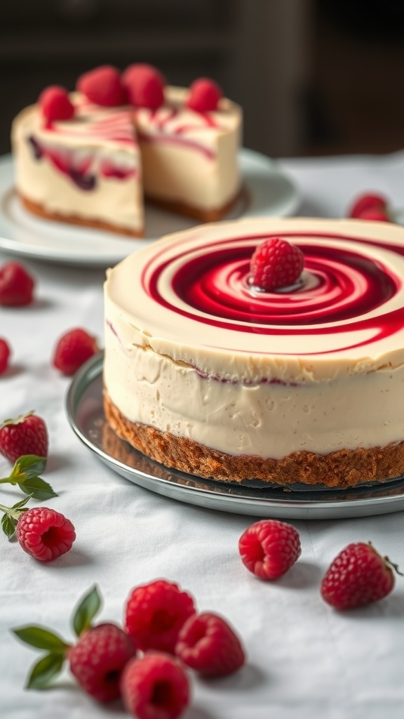 A delicious Raspberry Swirl Cheesecake Cake with a vibrant raspberry topping, displayed on a plate.