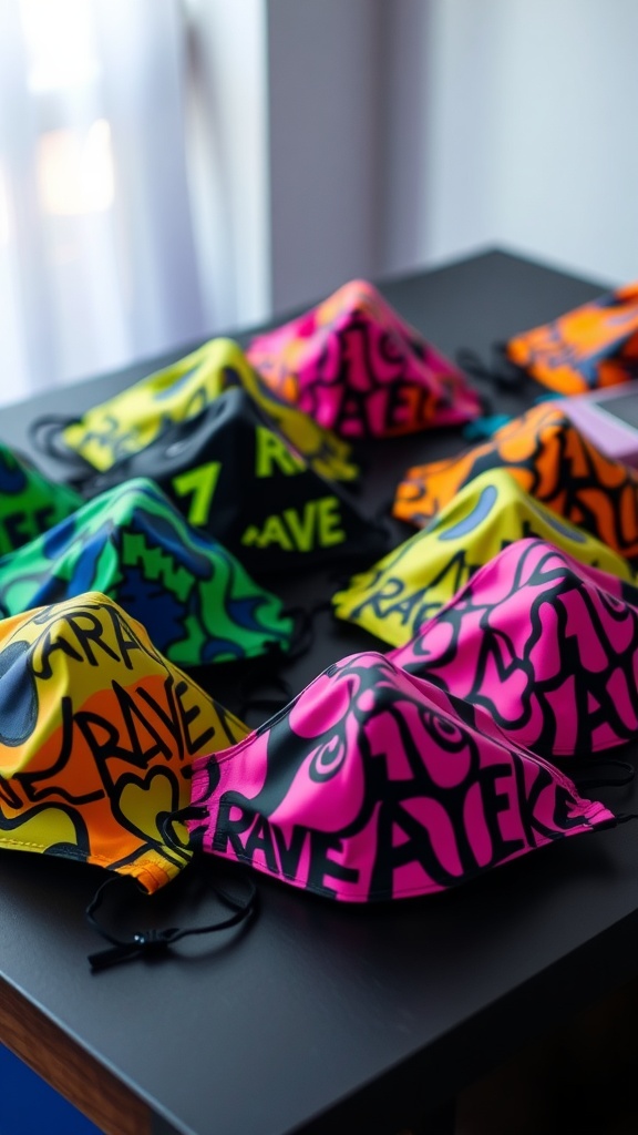 A collection of colorful rave-themed face masks with bold designs on a table.
