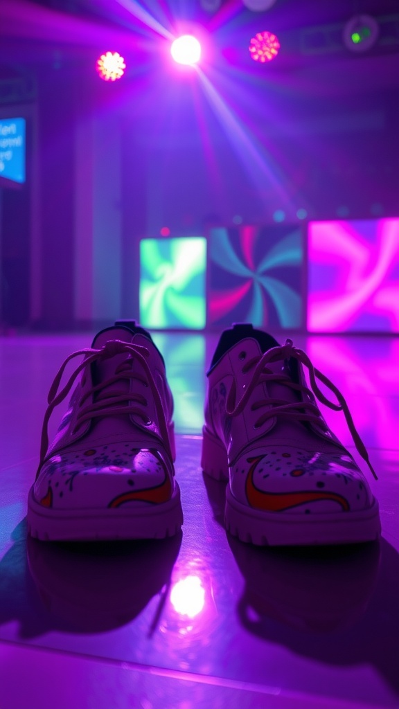 Colorful sneakers under rave lights