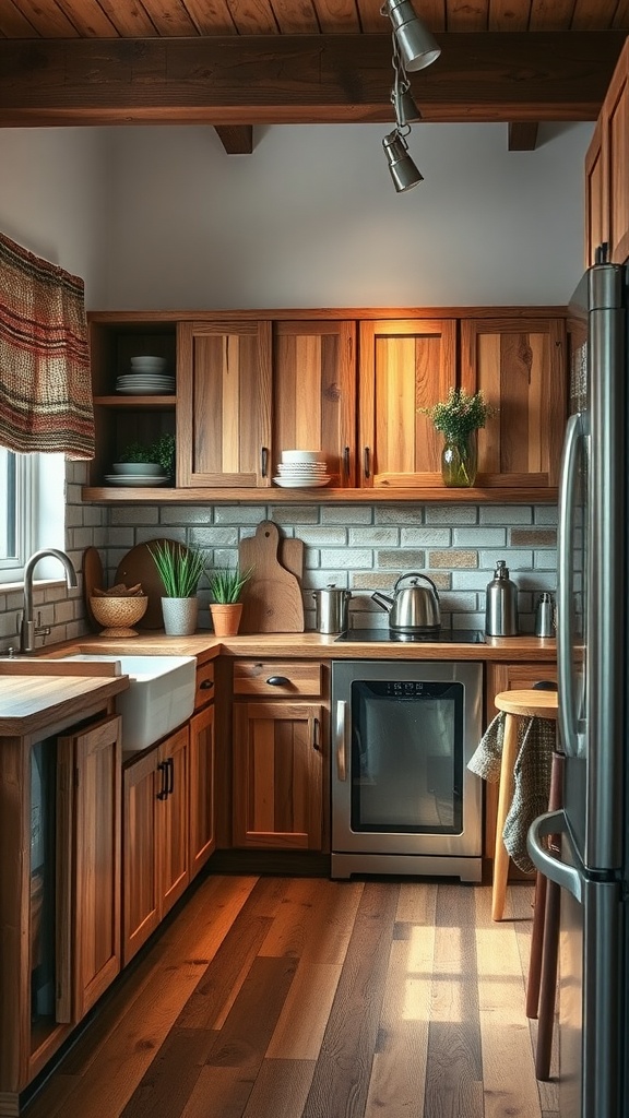 A cozy rustic kitchen featuring reclaimed wood cabinets, a farmhouse sink, and open shelving with plants.