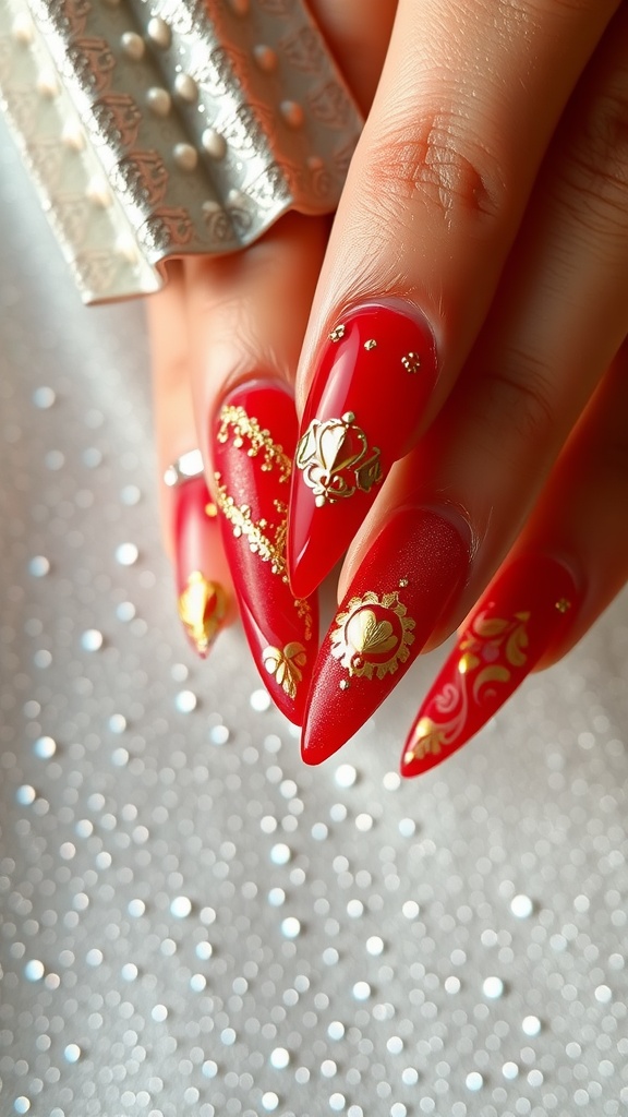 Close-up of red acrylic nails with gold designs and embellishments.