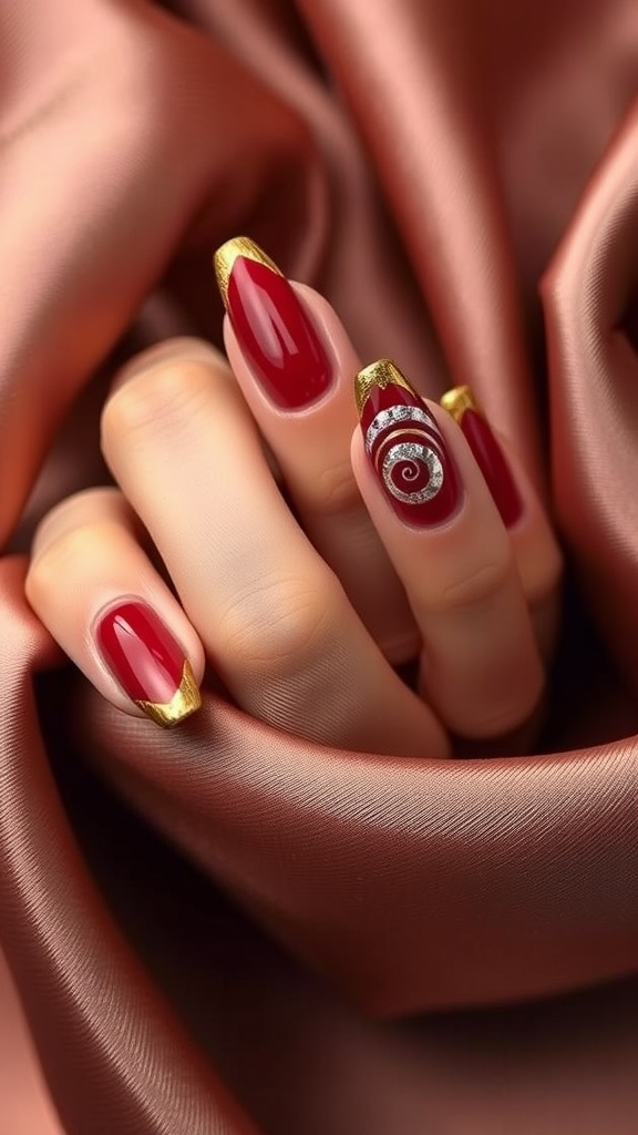 Red and Gold swirl nail design with a rich red base and elegant gold tips.