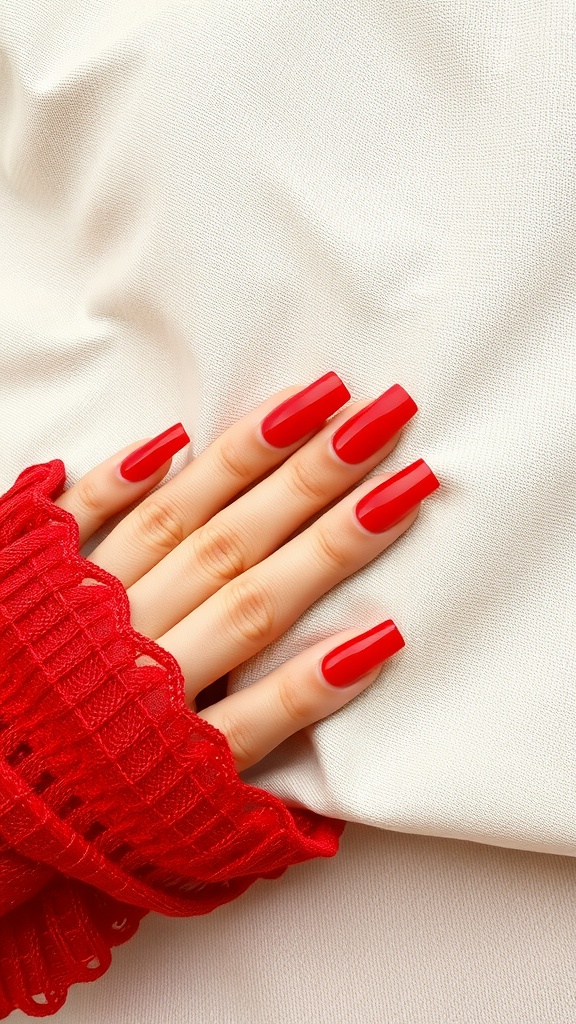Close-up of red acrylic nails on a nude background