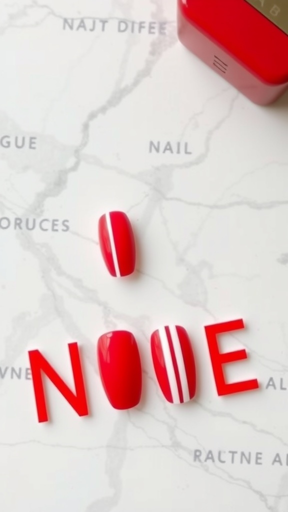Nail art featuring red nails with white stripes