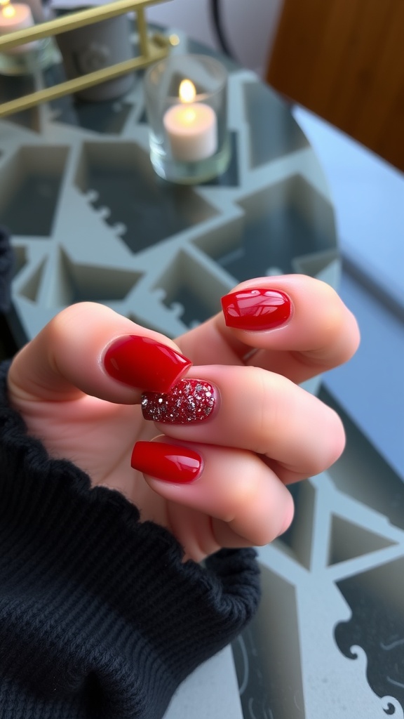 A hand showing red nails with one glitter accent nail, resting on a decorative table.