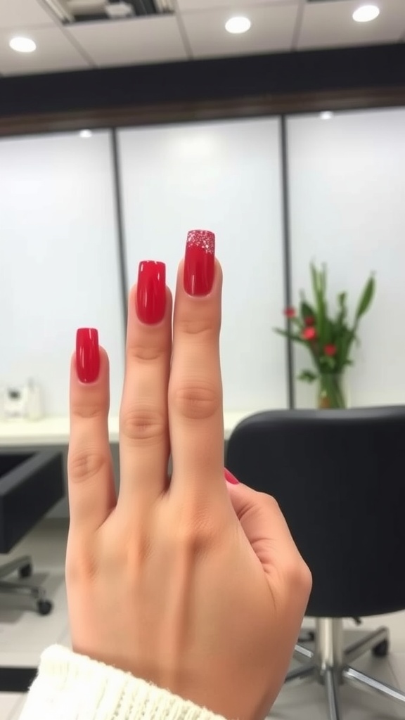 A hand showing red acrylic nails with a glitter accent