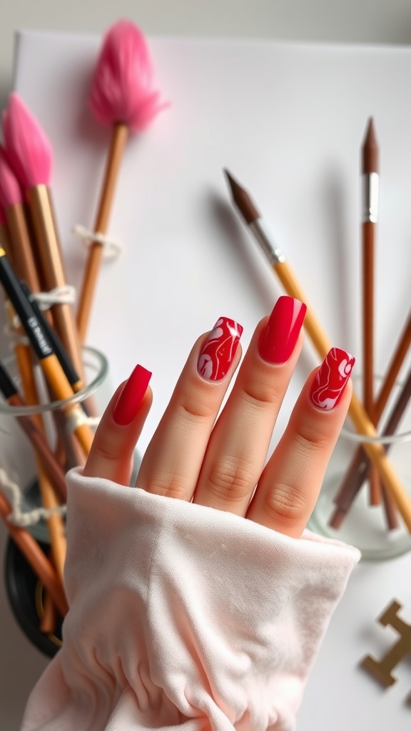 Red marble nail art featuring a vibrant red base with white marble pattern on one nail