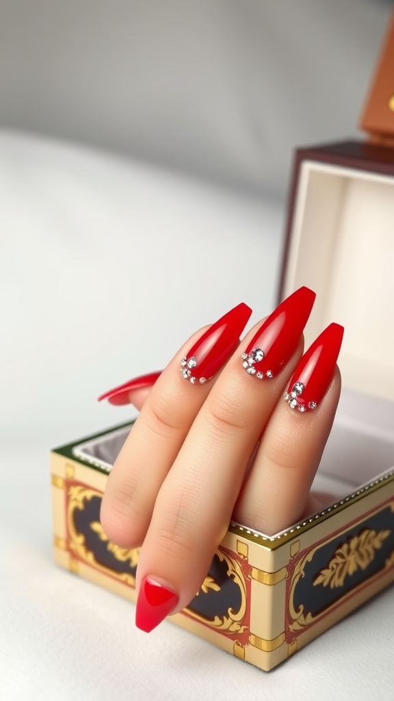 A close-up of long red acrylic nails with rhinestones on a jewelry box.