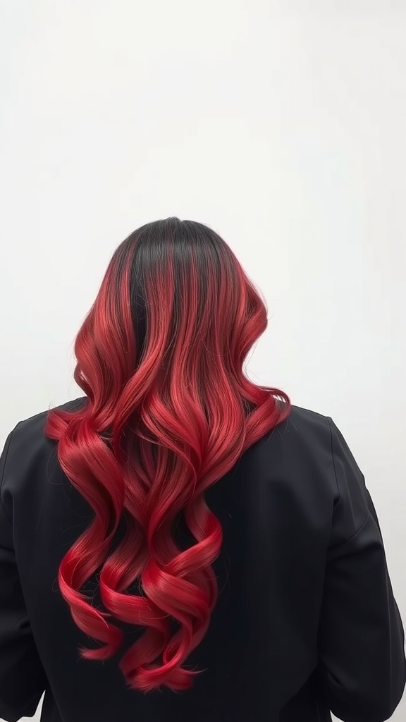 Back view of a person with red ombre quick weave hairstyle, featuring black roots and vibrant red curls.