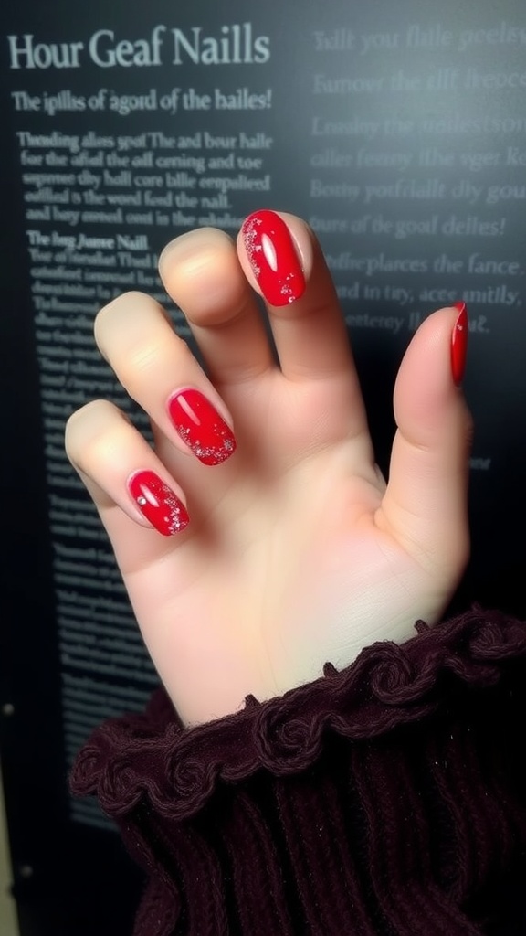 A hand showing nails with red ombre design and glitter accents, set against a dark background.