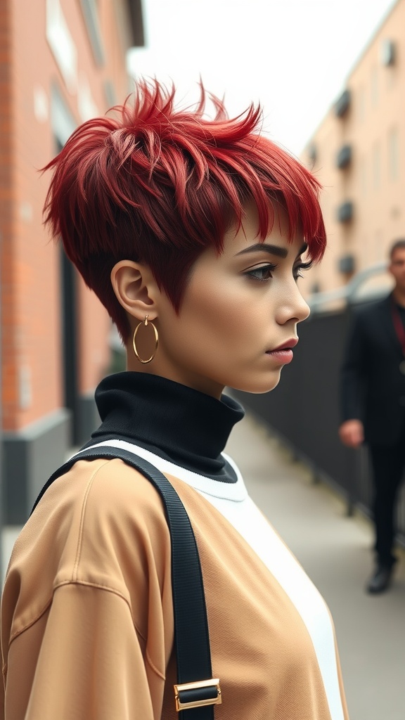 A stylish woman with a red pixie quick weave hairstyle, showcasing short, textured layers.