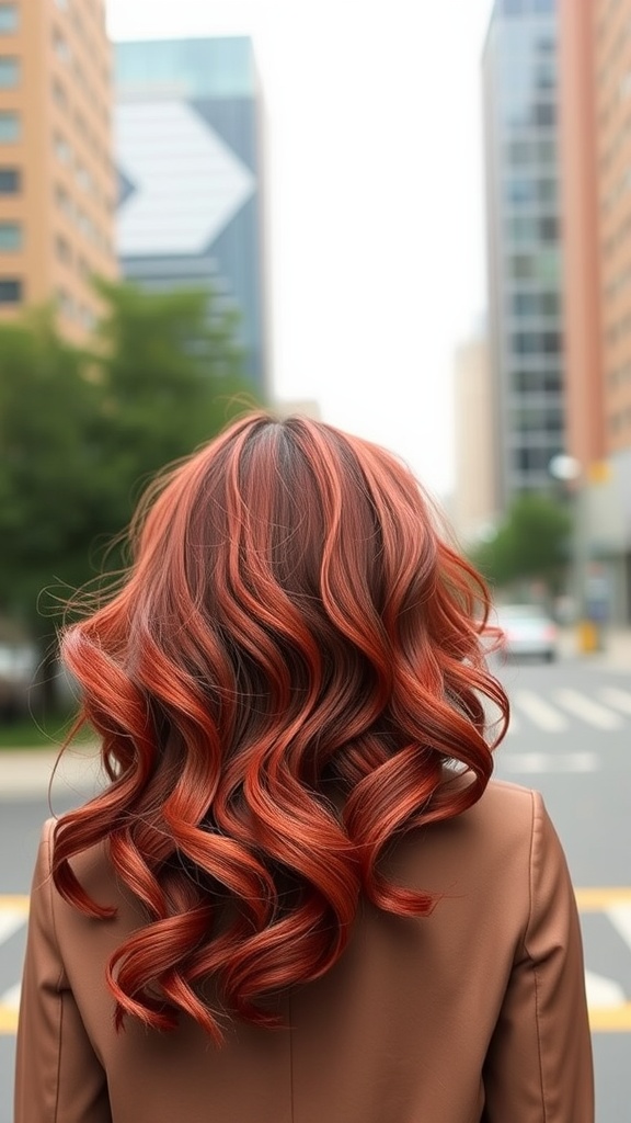 Woman with vibrant red quick weave hairstyle with highlights, standing in an urban setting.