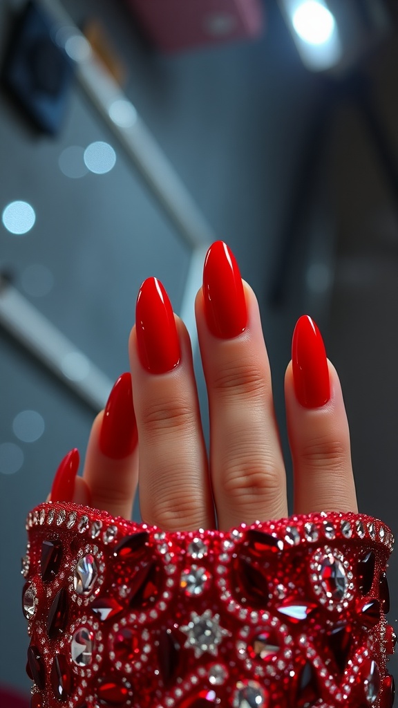 Close-up of red acrylic nails with rhinestone accents