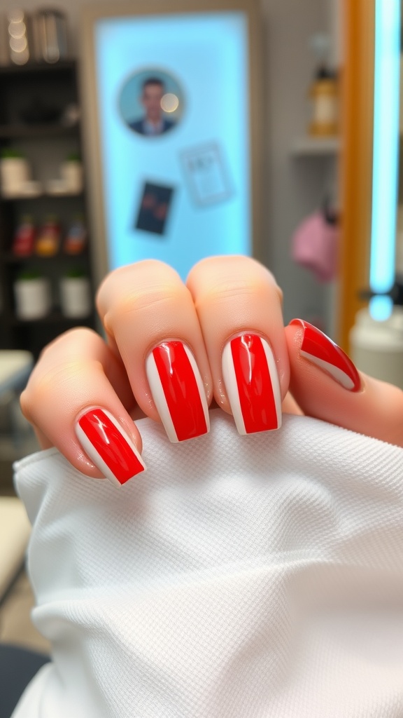 Nails featuring red and white striped nail art design.