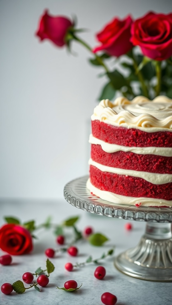 A beautifully layered Red Velvet Cake topped with cream cheese frosting, garnished with roses.