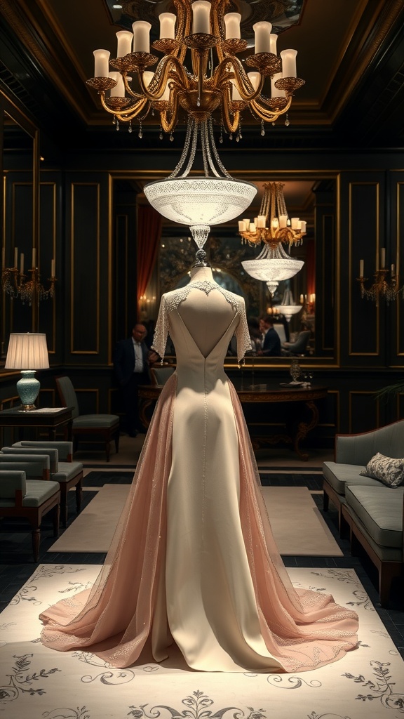 A refined evening gown displayed elegantly in a luxurious setting with a chandelier.