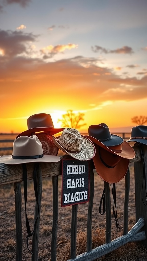 An array of Western hats displayed on a fence during sunset